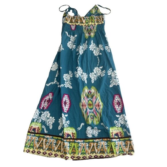 She's Cool Turquoise Maxi Sundress Shirring Under Bust Boho Print Women's Size 8 - Picture 2 of 7